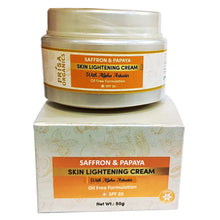 Load image into Gallery viewer, Saffron &amp; Papaya skin lightening cream jar and box with Prisa Organics branding on a white background.